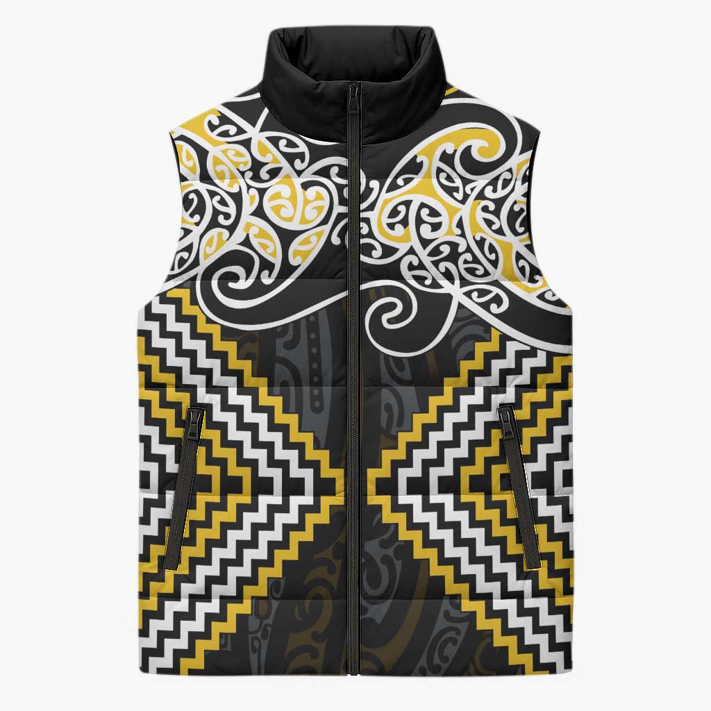 Gold Aotearoa Tukutuku Manawa Tapu Sleeveless Puffer Jacket Ta Moko Toi Maori - Polynesian Pride