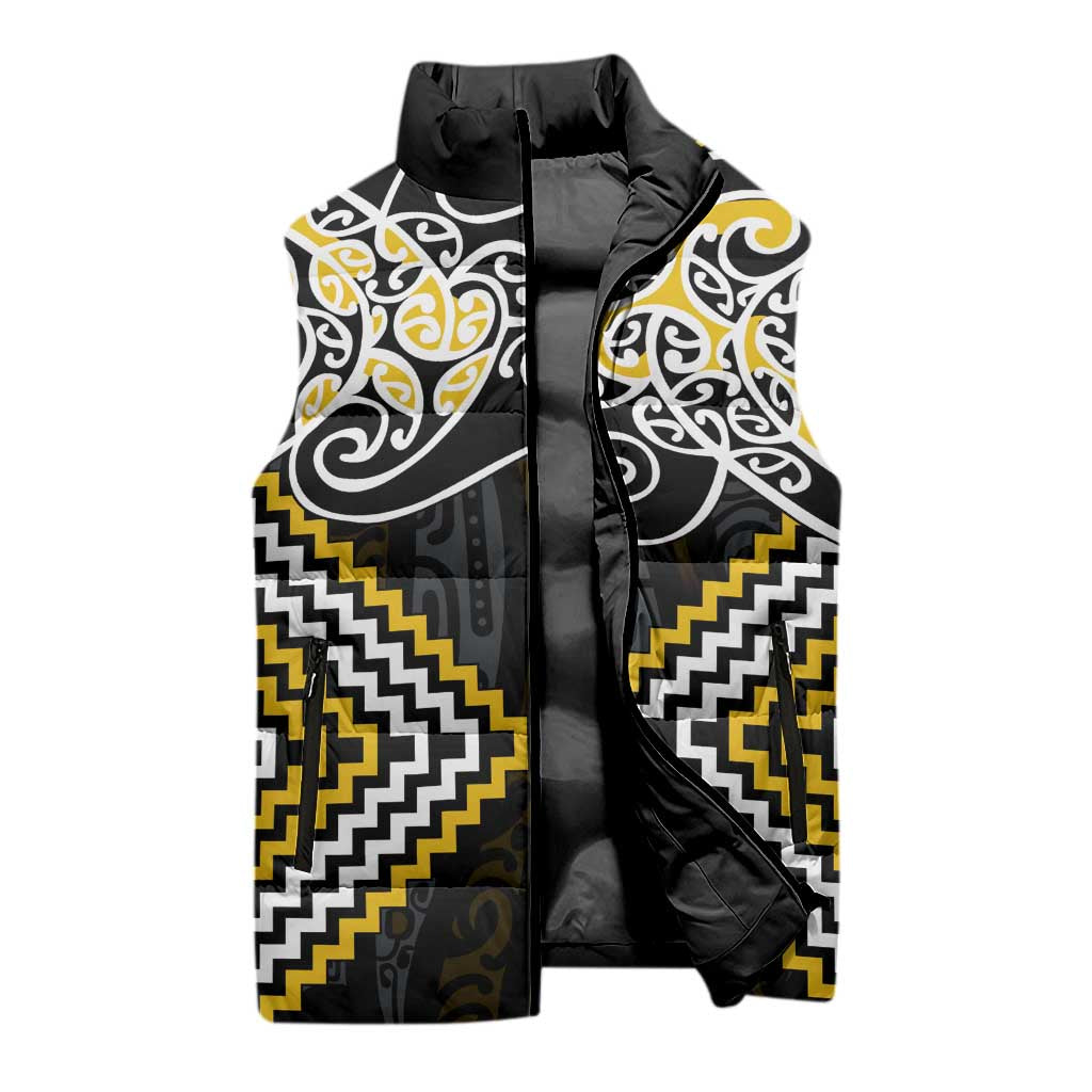 Gold Aotearoa Tukutuku Manawa Tapu Sleeveless Puffer Jacket Ta Moko Toi Maori - Polynesian Pride