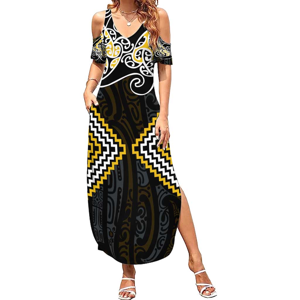 Gold Aotearoa Tukutuku Manawa Tapu Summer Maxi Dress Ta Moko Toi Maori