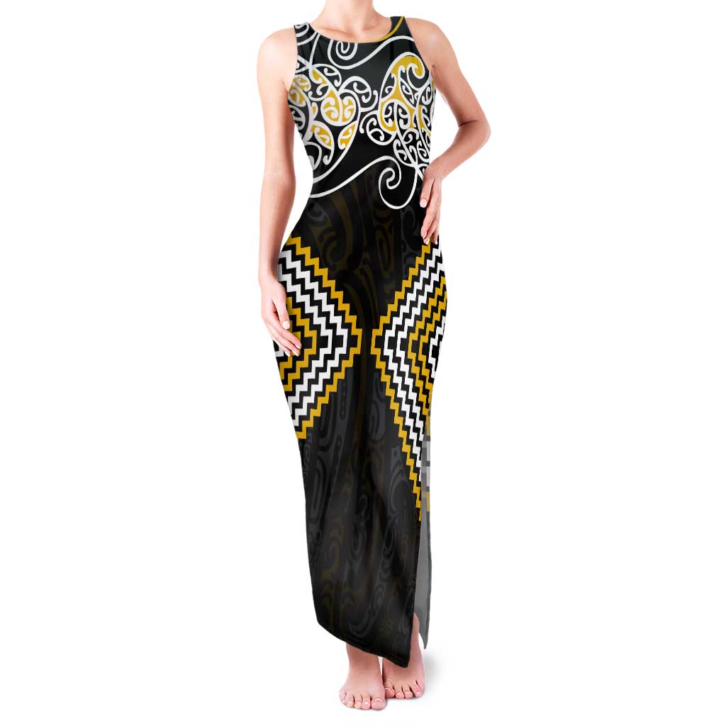 Gold Aotearoa Tukutuku Manawa Tapu Tank Maxi Dress Ta Moko Toi Maori