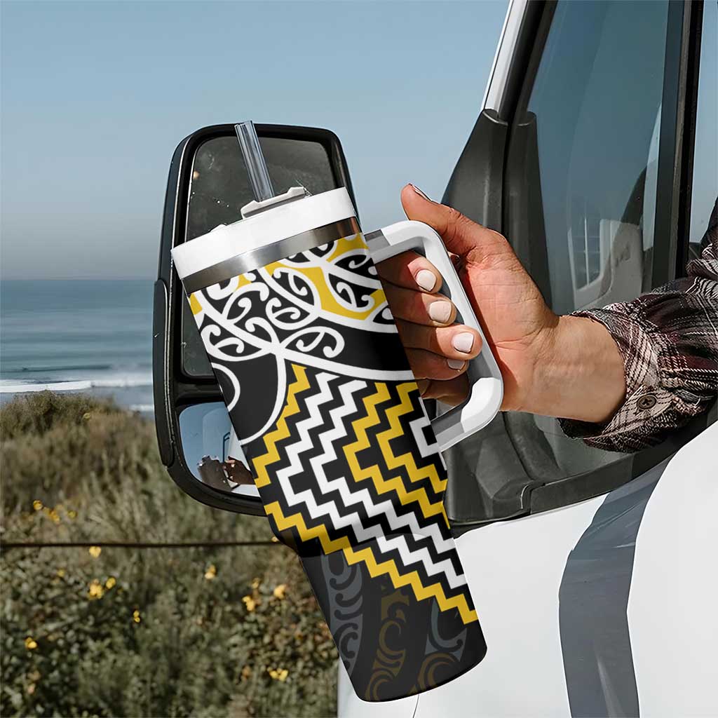 Gold Aotearoa Tukutuku Manawa Tapu Tumbler With Handle Ta Moko Toi Maori