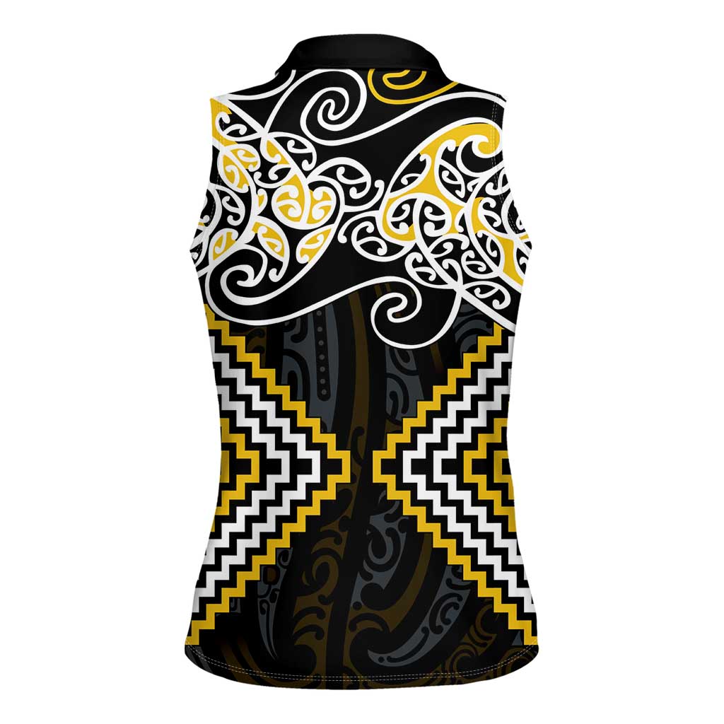 Gold Aotearoa Tukutuku Manawa Tapu Women Sleeveless Polo Shirt Ta Moko Toi Maori
