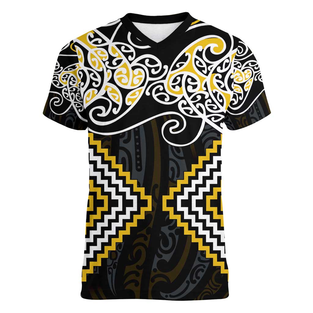 Gold Aotearoa Tukutuku Manawa Tapu Women V-Neck T-Shirt Ta Moko Toi Maori