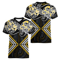 Gold Aotearoa Tukutuku Manawa Tapu Women V-Neck T-Shirt Ta Moko Toi Maori LT9 - Polynesian Pride