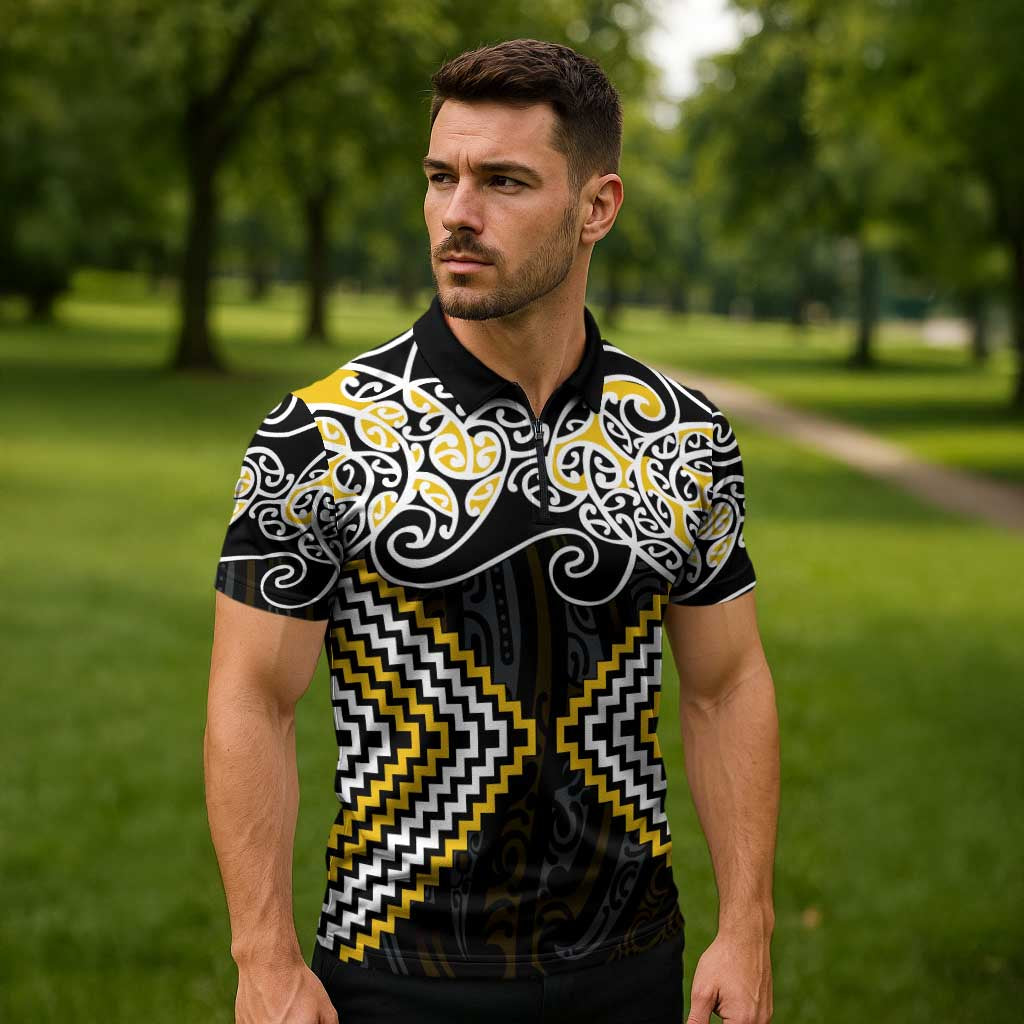 Gold Aotearoa Tukutuku Manawa Tapu Zipper Polo Shirt Ta Moko Toi Maori - Polynesian Pride