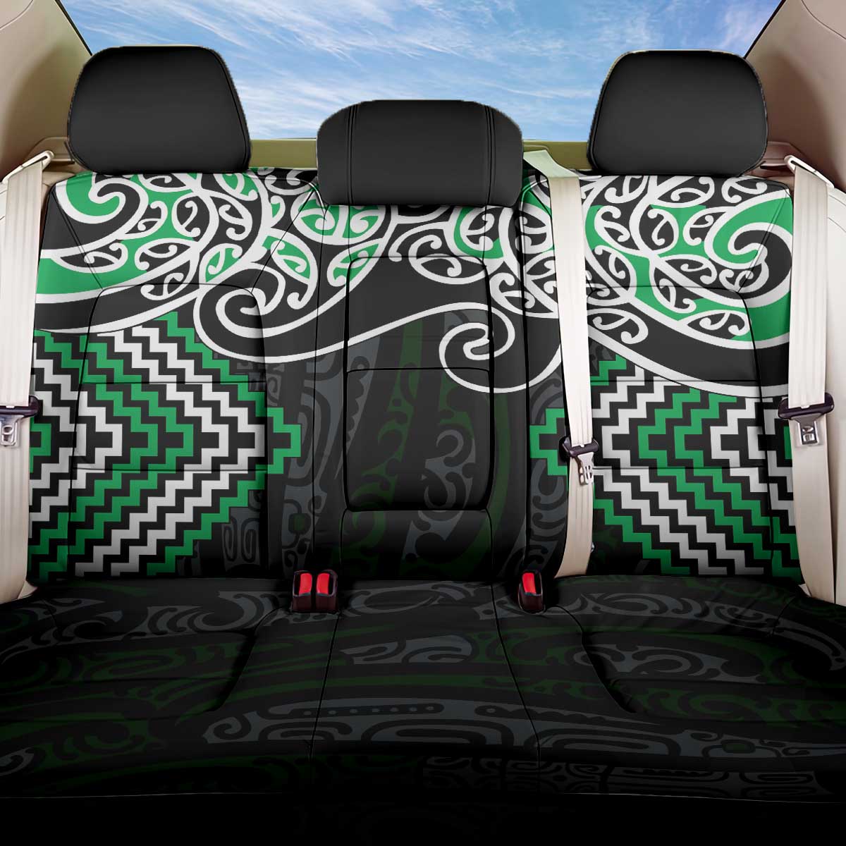 Green Aotearoa Tukutuku Manawa Tapu Back Car Seat Cover Ta Moko Toi Maori