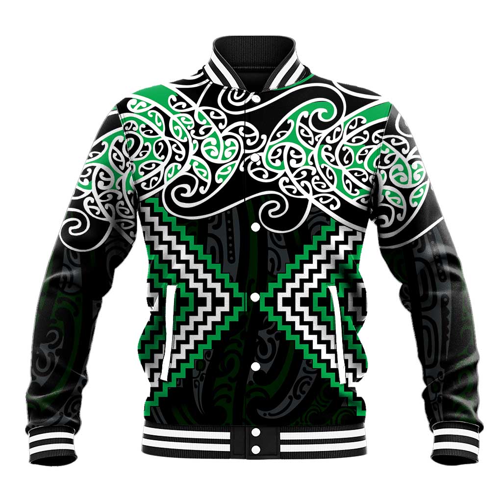 Green Aotearoa Tukutuku Manawa Tapu Baseball Jacket Ta Moko Toi Maori