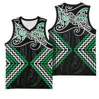 Green Aotearoa Tukutuku Manawa Tapu Basketball Jersey Ta Moko Toi Maori - Polynesian Pride