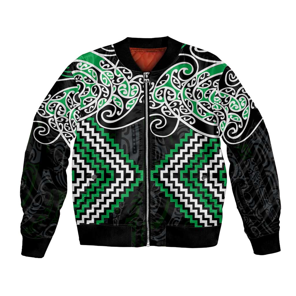 Green Aotearoa Tukutuku Manawa Tapu Bomber Jacket Ta Moko Toi Maori