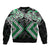 Green Aotearoa Tukutuku Manawa Tapu Bomber Jacket Ta Moko Toi Maori