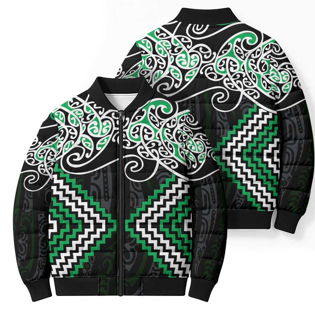 Green Aotearoa Tukutuku Manawa Tapu Bomber Puffer Jacket Ta Moko Toi Maori - Polynesian Pride