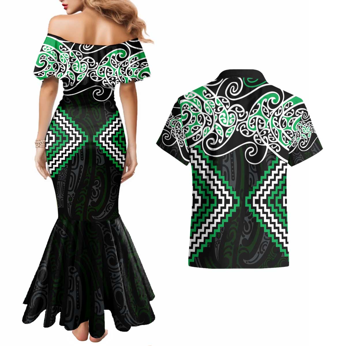 Green Aotearoa Tukutuku Manawa Tapu Couples Matching Mermaid Dress and Hawaiian Shirt Ta Moko Toi Maori