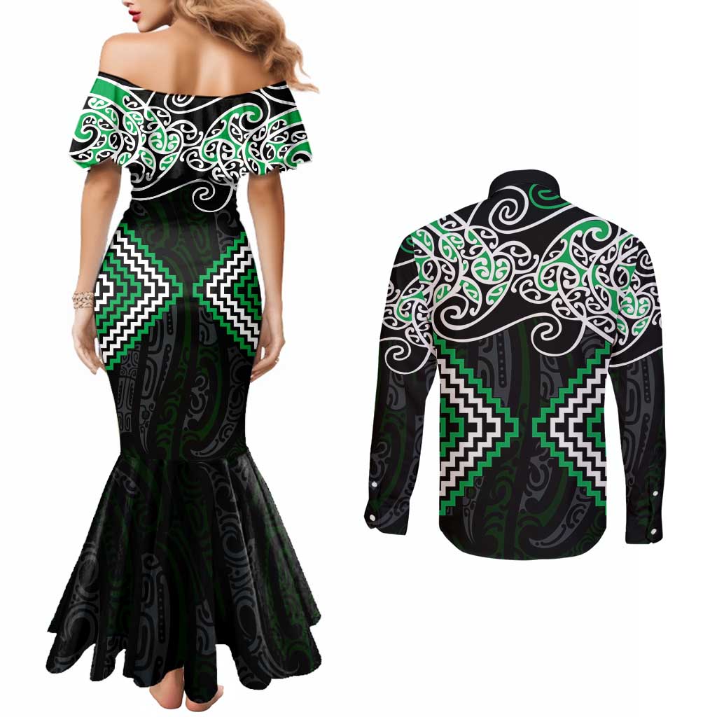 Green Aotearoa Tukutuku Manawa Tapu Couples Matching Mermaid Dress and Long Sleeve Button Shirt Ta Moko Toi Maori LT9 - Polynesian Pride