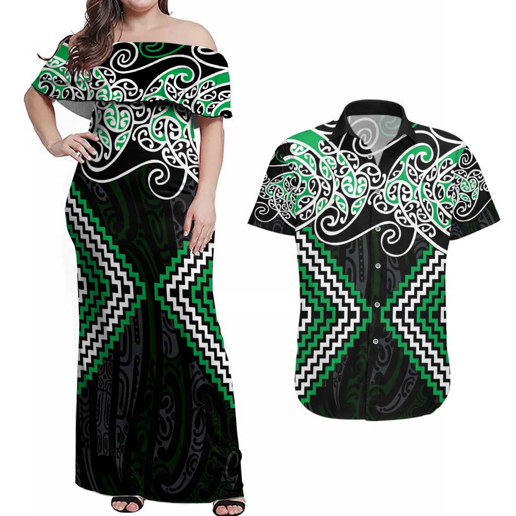 Green Aotearoa Tukutuku Manawa Tapu Couples Matching Off Shoulder Maxi Dress and Hawaiian Shirt Ta Moko Toi Maori