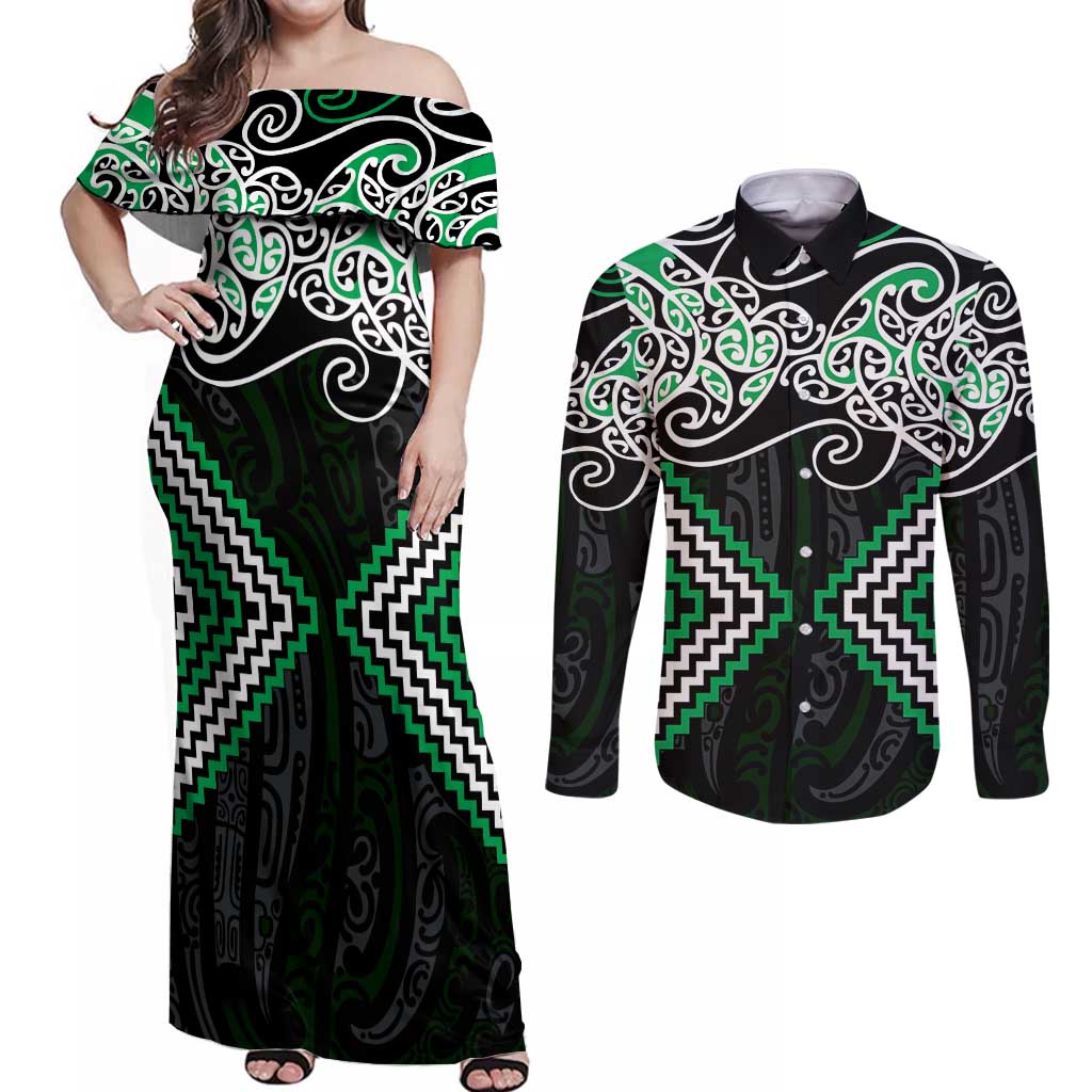 Green Aotearoa Tukutuku Manawa Tapu Couples Matching Off Shoulder Maxi Dress and Long Sleeve Button Shirt Ta Moko Toi Maori