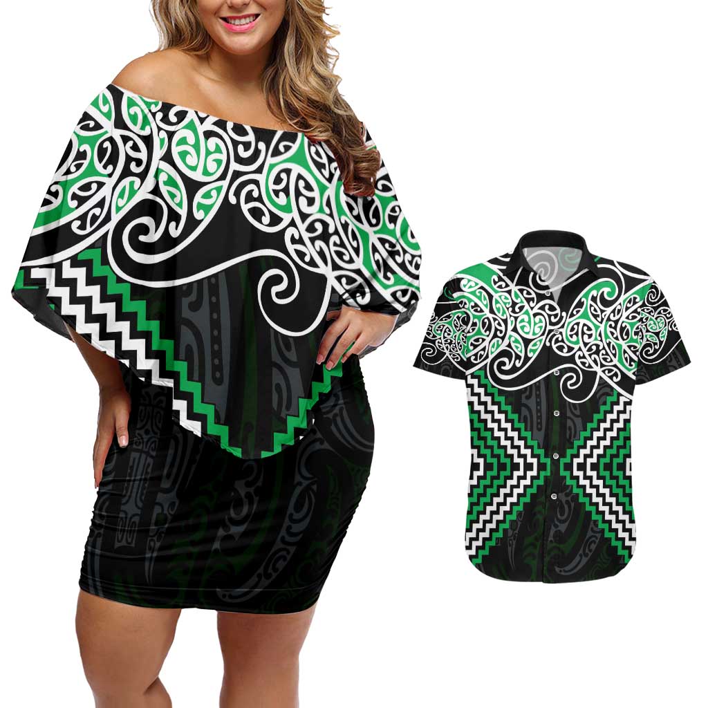 Green Aotearoa Tukutuku Manawa Tapu Couples Matching Off Shoulder Short Dress and Hawaiian Shirt Ta Moko Toi Maori