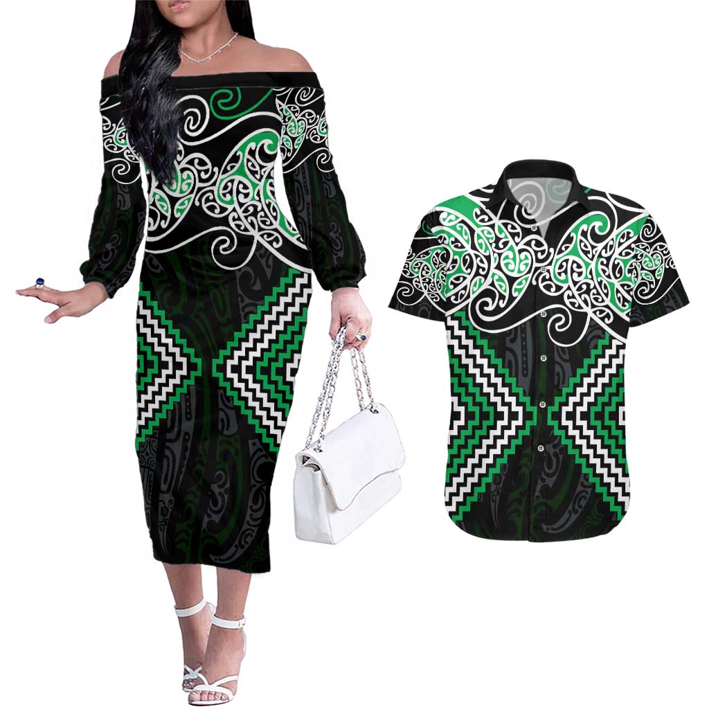 Green Aotearoa Tukutuku Manawa Tapu Couples Matching Off The Shoulder Long Sleeve Dress and Hawaiian Shirt Ta Moko Toi Maori