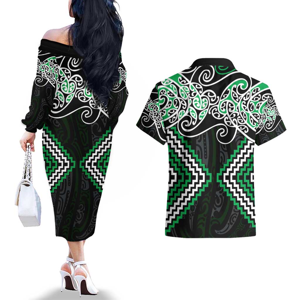 Green Aotearoa Tukutuku Manawa Tapu Couples Matching Off The Shoulder Long Sleeve Dress and Hawaiian Shirt Ta Moko Toi Maori