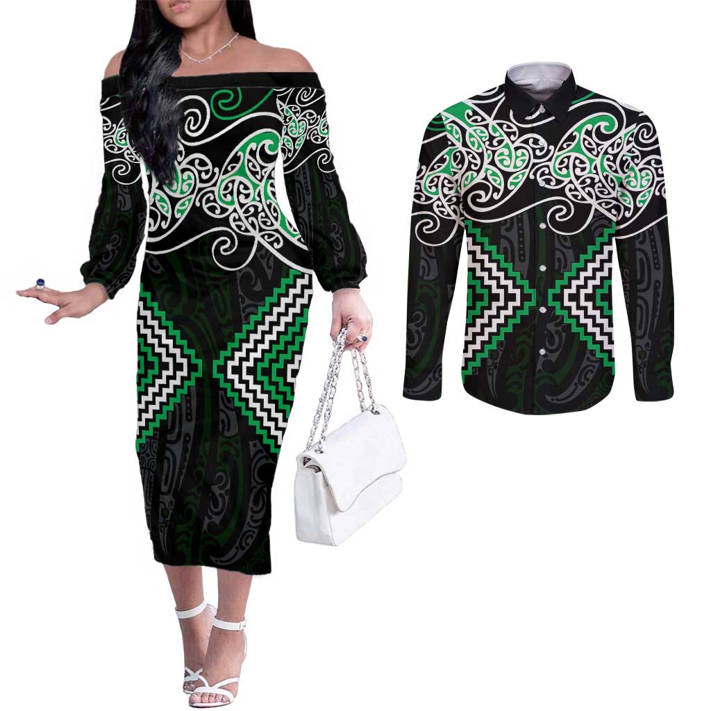 Green Aotearoa Tukutuku Manawa Tapu Couples Matching Off The Shoulder Long Sleeve Dress and Long Sleeve Button Shirt Ta Moko Toi Maori