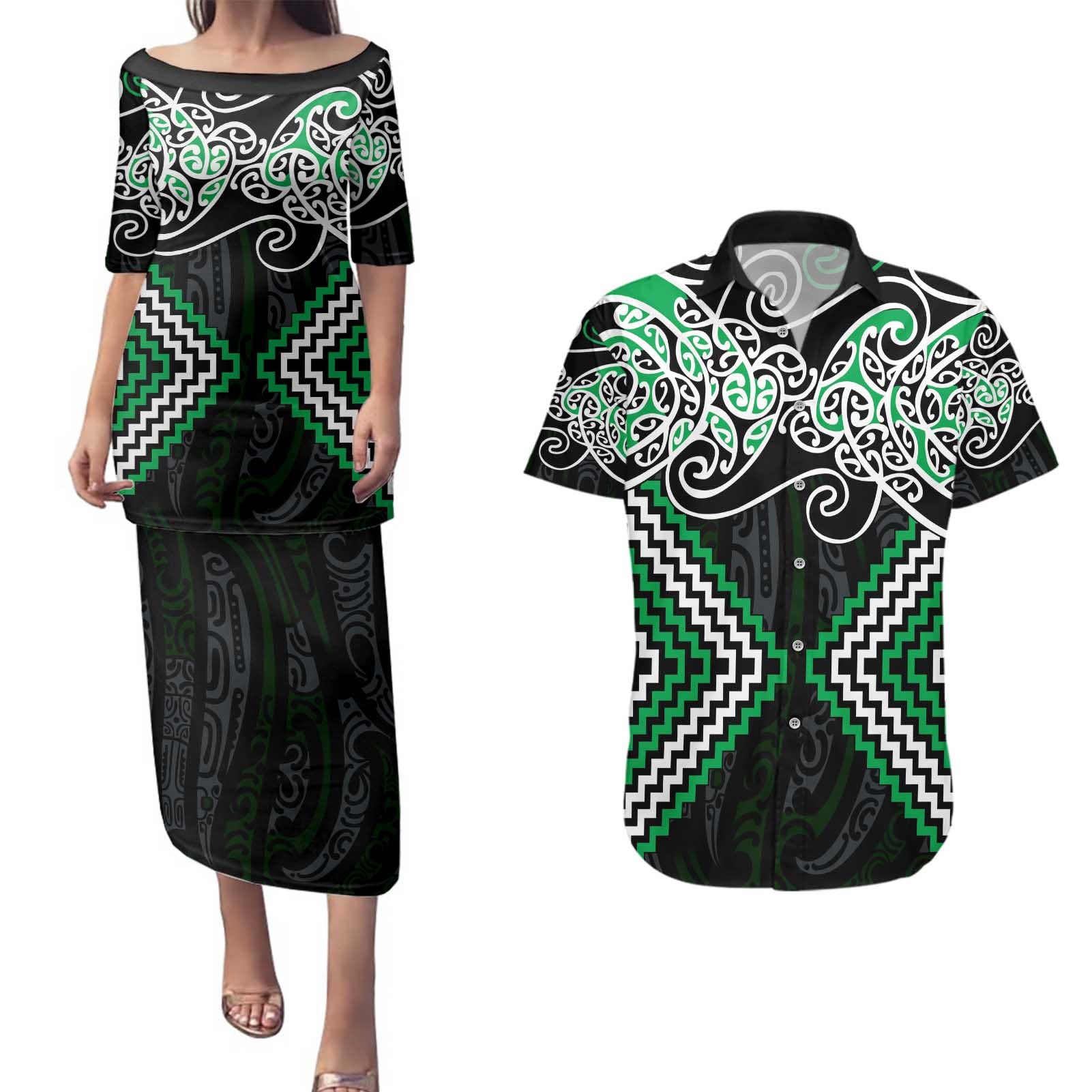 Green Aotearoa Tukutuku Manawa Tapu Couples Matching Puletasi and Hawaiian Shirt Ta Moko Toi Maori