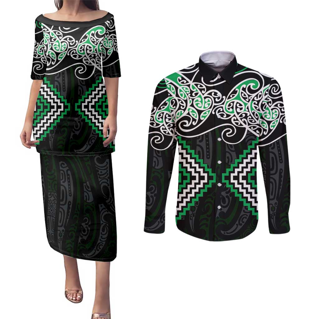 Green Aotearoa Tukutuku Manawa Tapu Couples Matching Puletasi and Long Sleeve Button Shirt Ta Moko Toi Maori