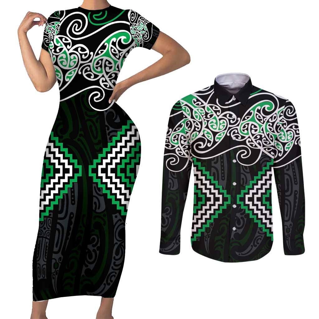 Green Aotearoa Tukutuku Manawa Tapu Couples Matching Short Sleeve Bodycon Dress and Long Sleeve Button Shirt Ta Moko Toi Maori