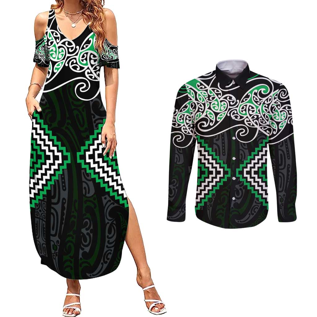 Green Aotearoa Tukutuku Manawa Tapu Couples Matching Summer Maxi Dress and Long Sleeve Button Shirt Ta Moko Toi Maori