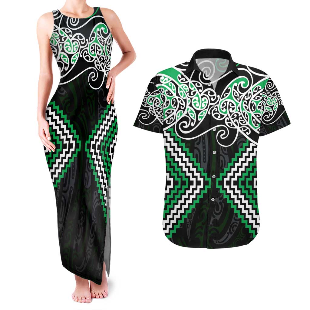 Green Aotearoa Tukutuku Manawa Tapu Couples Matching Tank Maxi Dress and Hawaiian Shirt Ta Moko Toi Maori