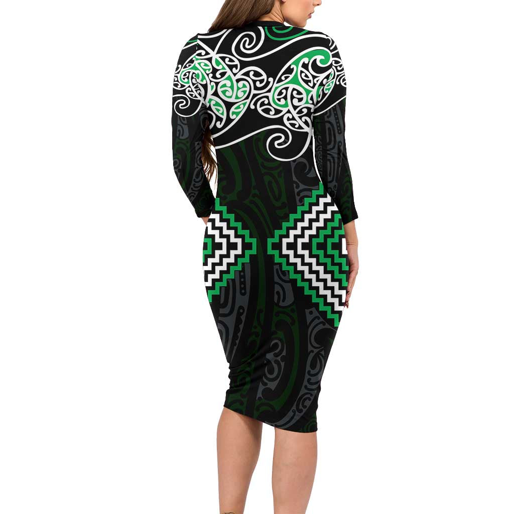 Green Aotearoa Tukutuku Manawa Tapu Family Matching Long Sleeve Bodycon Dress and Hawaiian Shirt Ta Moko Toi Maori