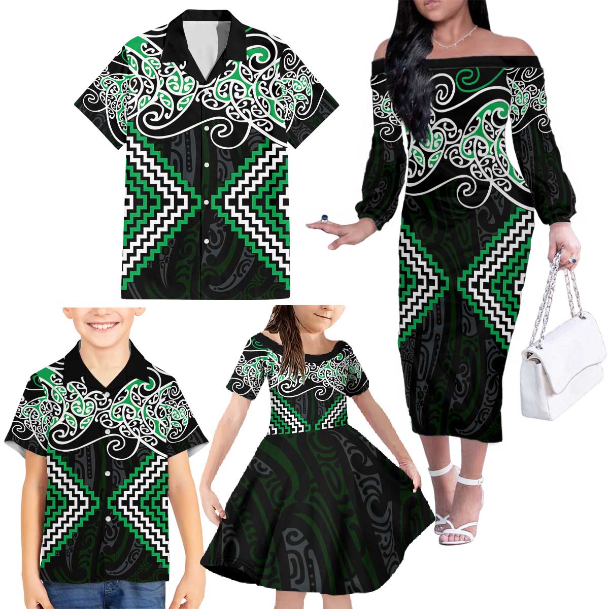 Green Aotearoa Tukutuku Manawa Tapu Family Matching Off The Shoulder Long Sleeve Dress and Hawaiian Shirt Ta Moko Toi Maori