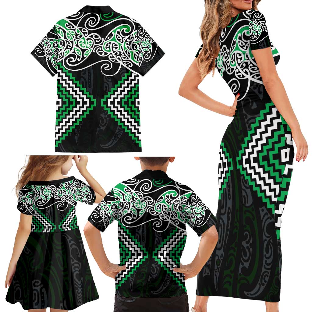 Green Aotearoa Tukutuku Manawa Tapu Family Matching Short Sleeve Bodycon Dress and Hawaiian Shirt Ta Moko Toi Maori