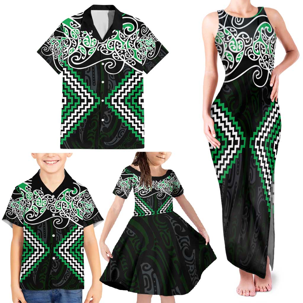 Green Aotearoa Tukutuku Manawa Tapu Family Matching Tank Maxi Dress and Hawaiian Shirt Ta Moko Toi Maori