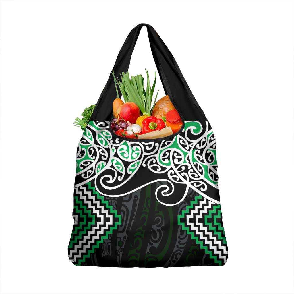 Green Aotearoa Tukutuku Manawa Tapu Grocery Bag Ta Moko Toi Maori