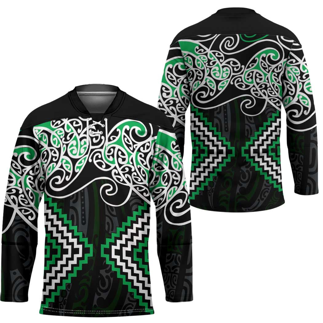 Green Aotearoa Tukutuku Manawa Tapu Hockey Jersey Ta Moko Toi Maori - Polynesian Pride