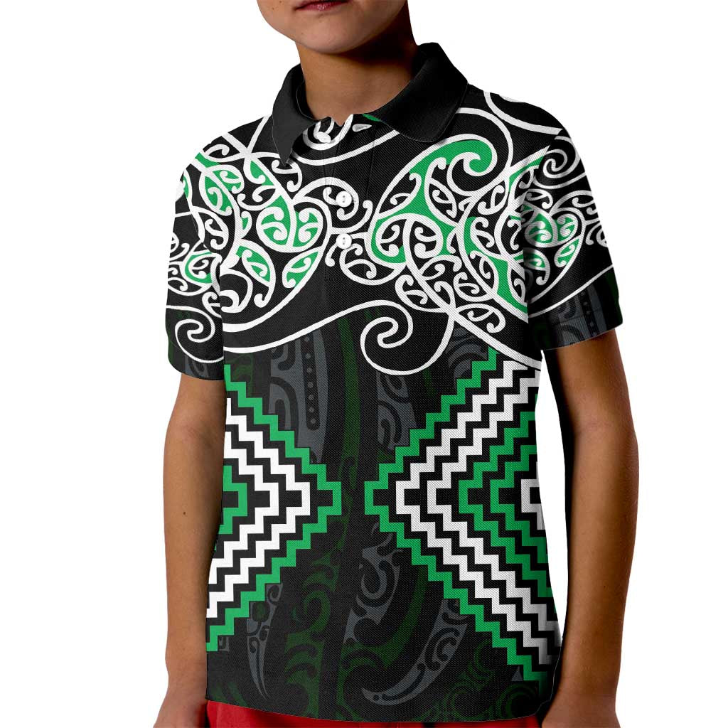 Green Aotearoa Tukutuku Manawa Tapu Kid Polo Shirt Ta Moko Toi Maori