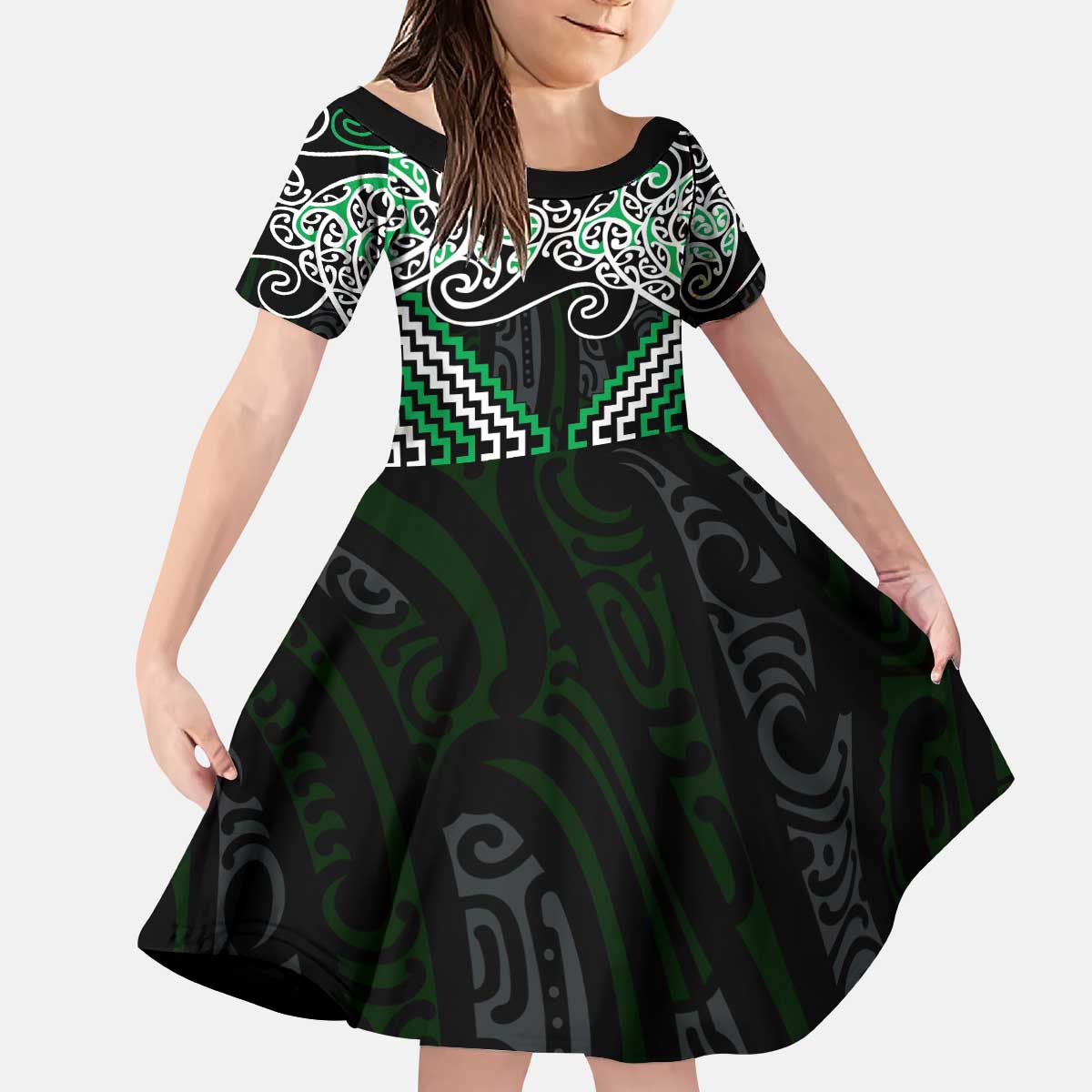 Green Aotearoa Tukutuku Manawa Tapu Kid Short Sleeve Dress Ta Moko Toi Maori