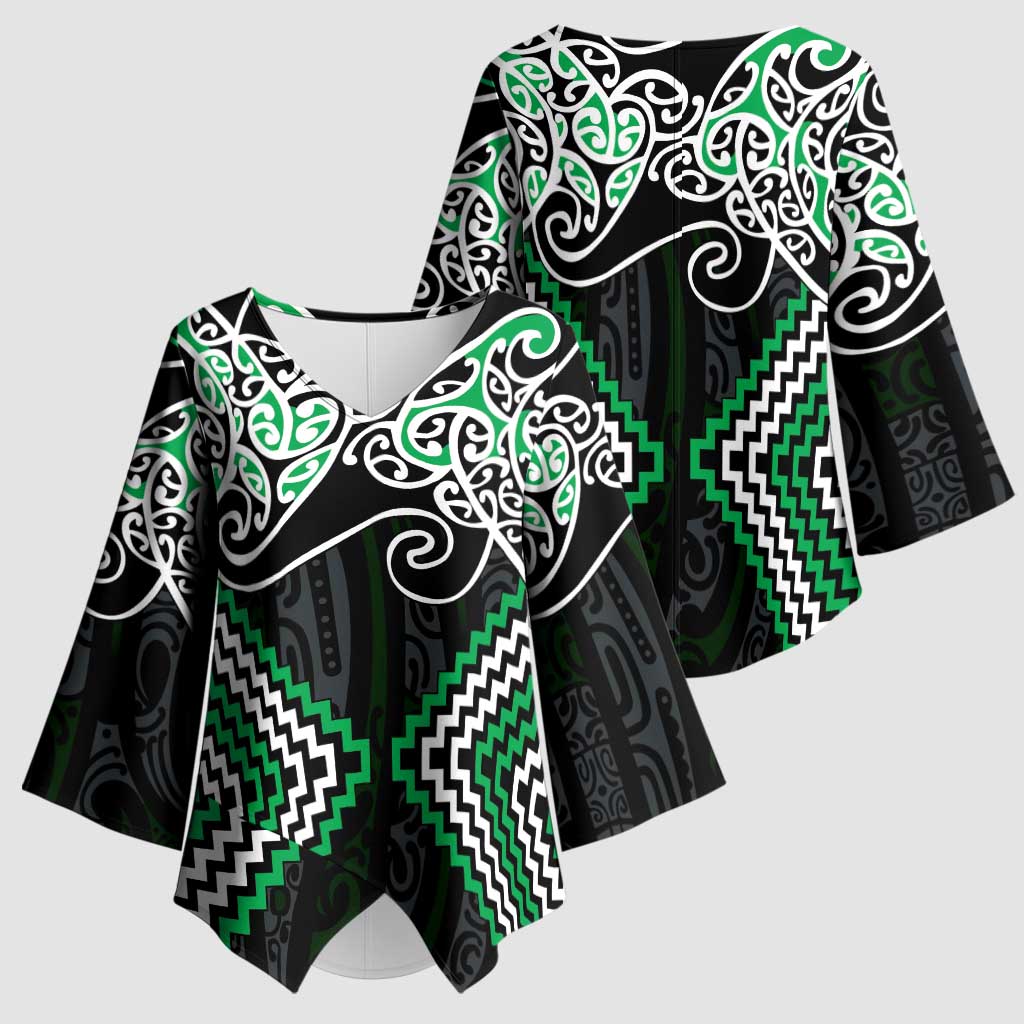 Green Aotearoa Tukutuku Manawa Tapu Kimono Sleeve Blouse Ta Moko Toi Maori - Polynesian Pride