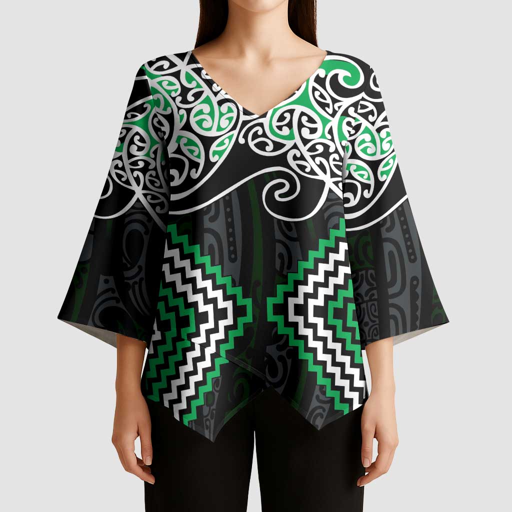 Green Aotearoa Tukutuku Manawa Tapu Kimono Sleeve Blouse Ta Moko Toi Maori - Polynesian Pride