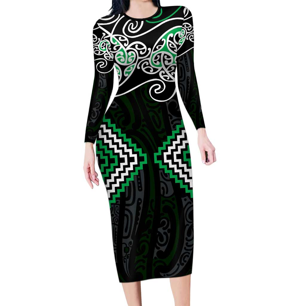 Green Aotearoa Tukutuku Manawa Tapu Long Sleeve Bodycon Dress Ta Moko Toi Maori