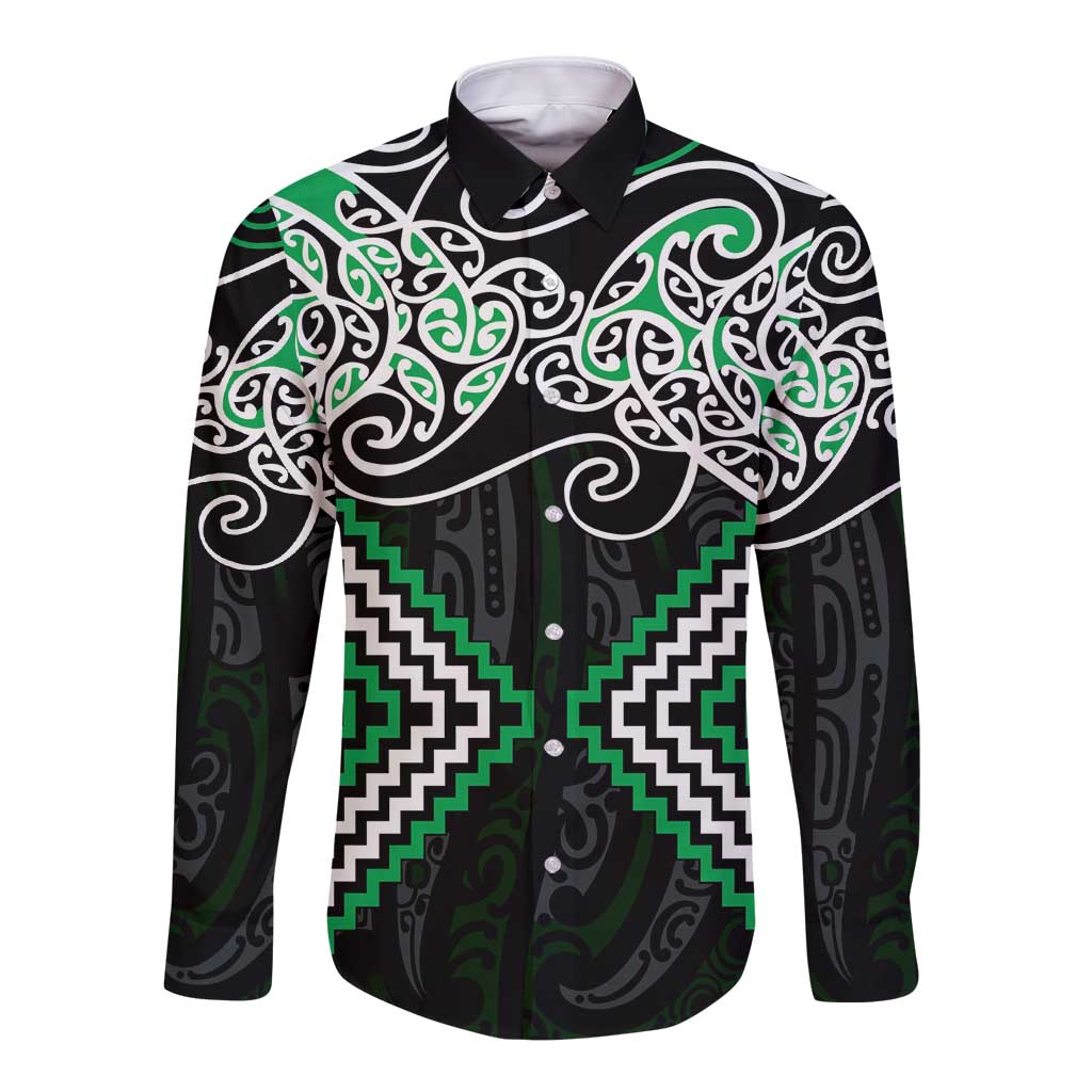 Green Aotearoa Tukutuku Manawa Tapu Long Sleeve Button Shirt Ta Moko Toi Maori