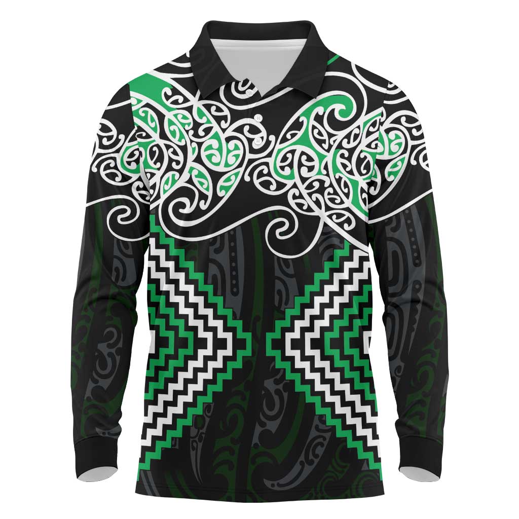 Green Aotearoa Tukutuku Manawa Tapu Long Sleeve Polo Shirt Ta Moko Toi Maori