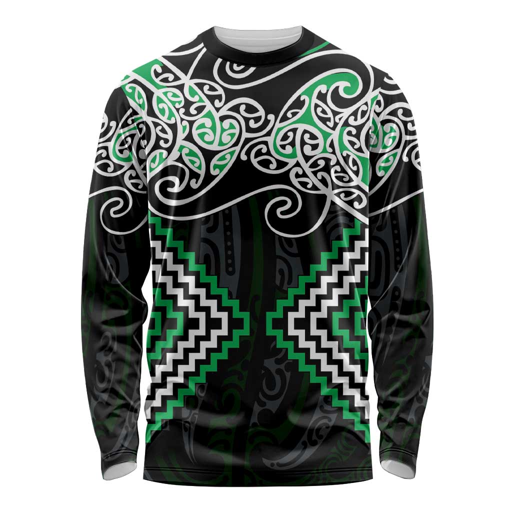 Green Aotearoa Tukutuku Manawa Tapu Long Sleeve Shirt Ta Moko Toi Maori