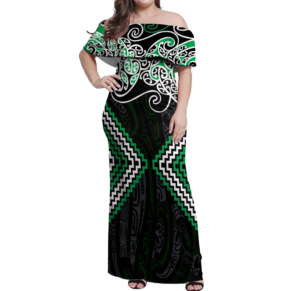 Green Aotearoa Tukutuku Manawa Tapu Off Shoulder Maxi Dress Ta Moko Toi Maori