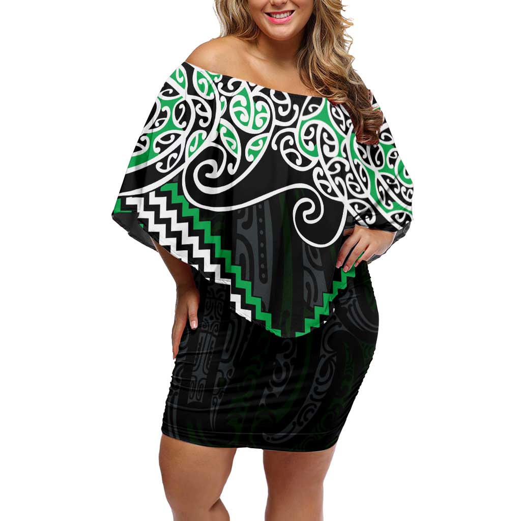 Green Aotearoa Tukutuku Manawa Tapu Off Shoulder Short Dress Ta Moko Toi Maori