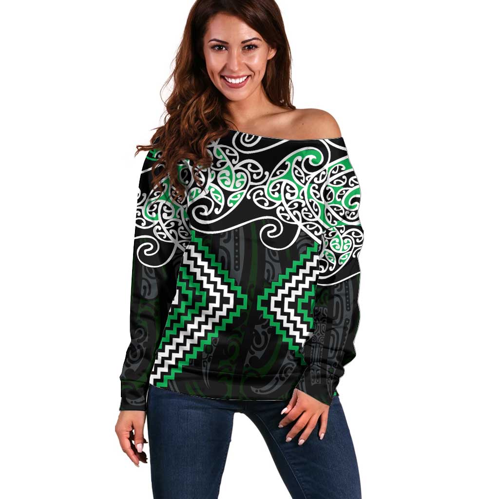 Green Aotearoa Tukutuku Manawa Tapu Off Shoulder Sweater Ta Moko Toi Maori