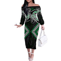 Green Aotearoa Tukutuku Manawa Tapu Off The Shoulder Long Sleeve Dress Ta Moko Toi Maori LT9 Women Green - Polynesian Pride
