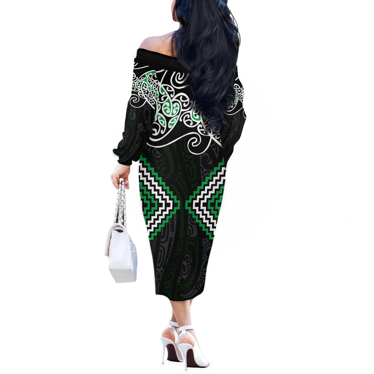 Green Aotearoa Tukutuku Manawa Tapu Off The Shoulder Long Sleeve Dress Ta Moko Toi Maori LT9 - Polynesian Pride
