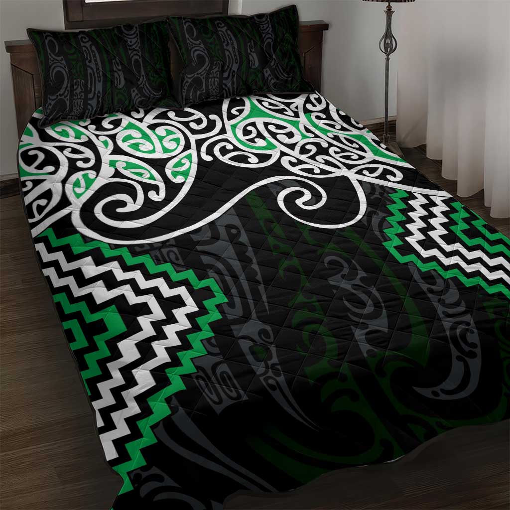 Green Aotearoa Tukutuku Manawa Tapu Quilt Bed Set Ta Moko Toi Maori