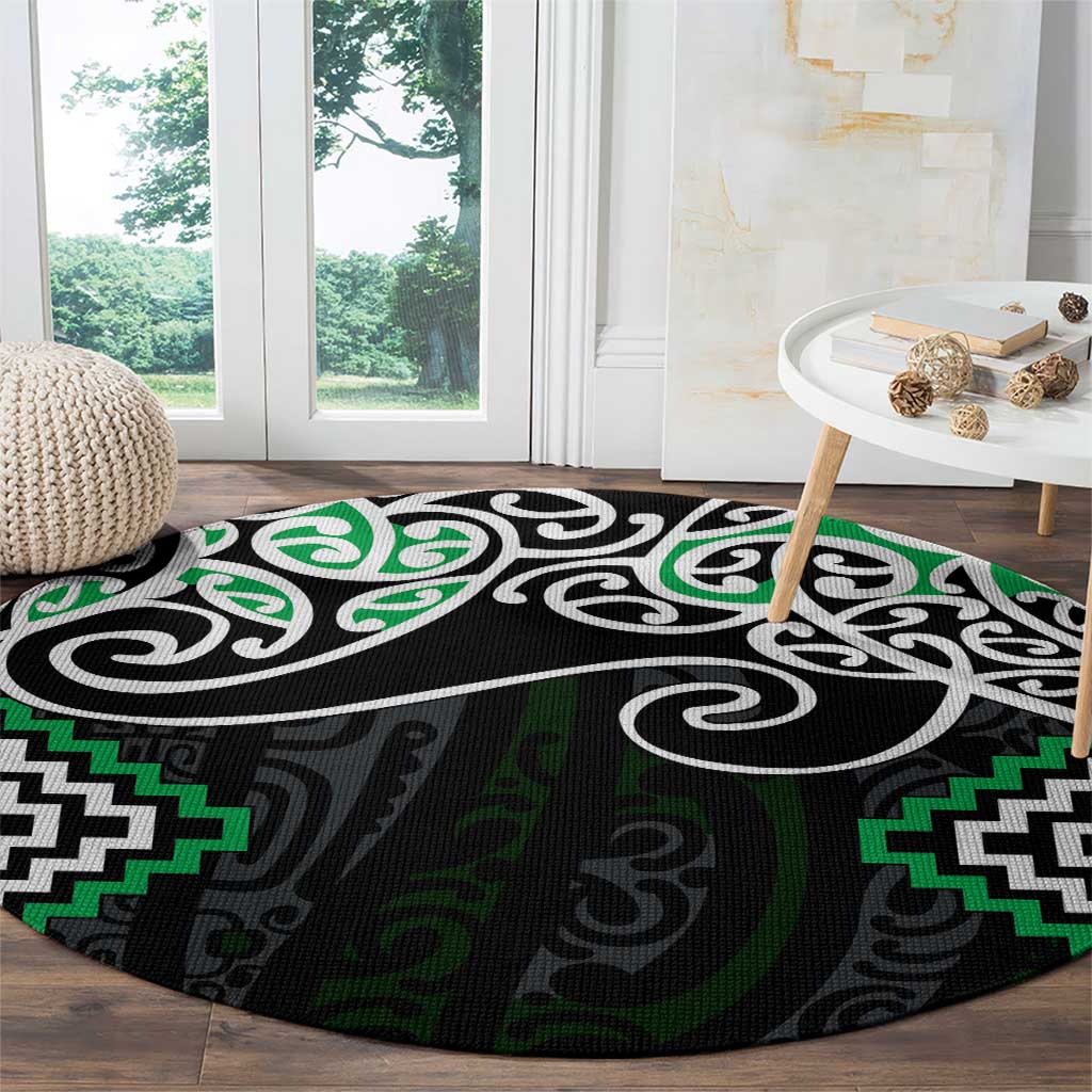 Green Aotearoa Tukutuku Manawa Tapu Round Carpet Ta Moko Toi Maori
