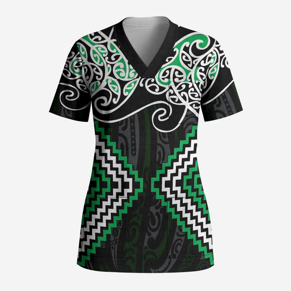Green Aotearoa Tukutuku Manawa Tapu Scrub Top Ta Moko Toi Maori - Polynesian Pride